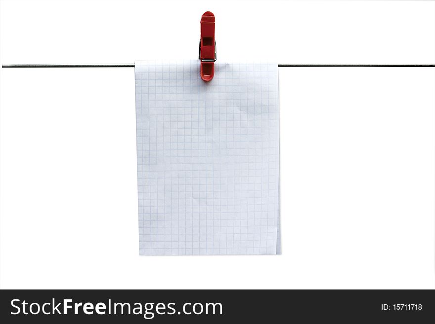Isolated paper with clothes-peg on the wire on a white backround