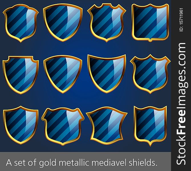 A set of gold metallic mediavel shields.