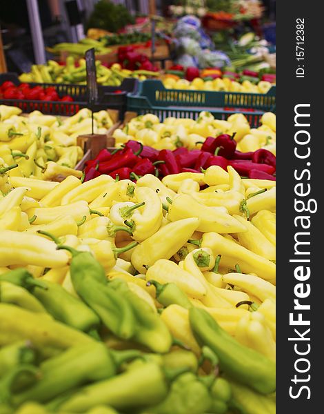 Bell peppers of different colors on the market. Bell peppers of different colors on the market