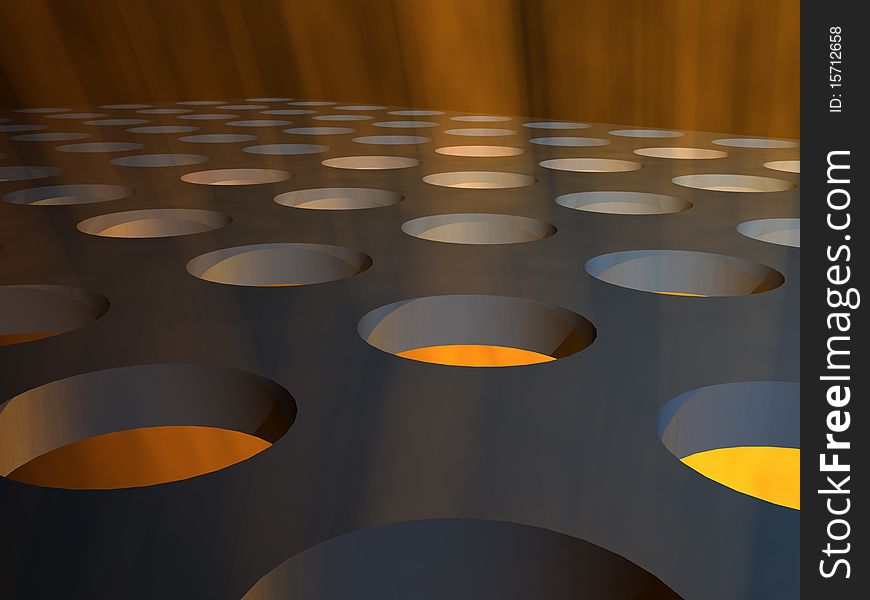 A close up of a grid stage floor with holes and rays of light streaming through. A close up of a grid stage floor with holes and rays of light streaming through.