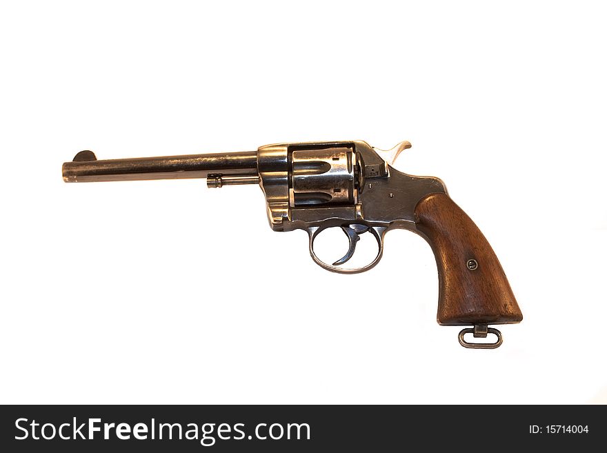 Great old US Army issue .38 caliber revolver with wooden hand grips. Great old US Army issue .38 caliber revolver with wooden hand grips.