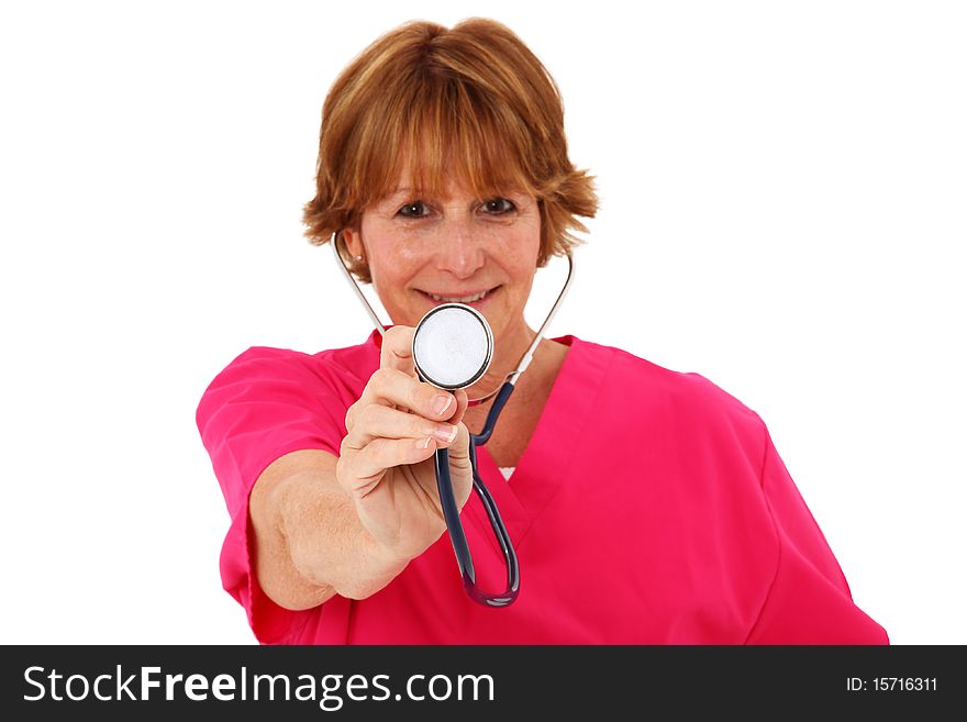 Middle aged Nurse Holding Stethoscope Towards Camera