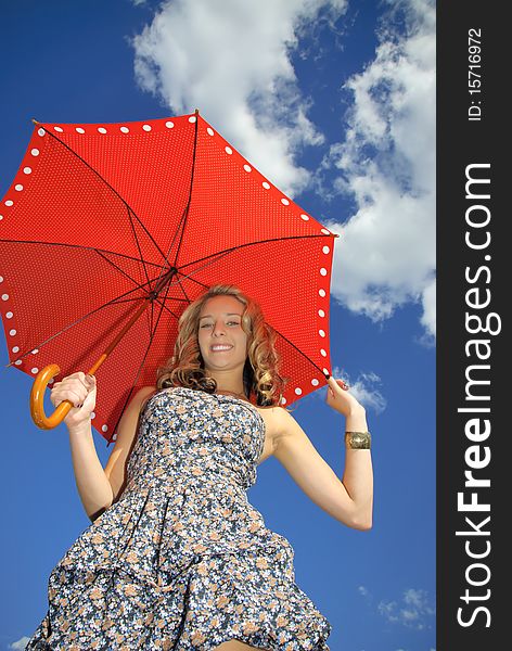 Girl with red  umbrella outside. Girl with red  umbrella outside