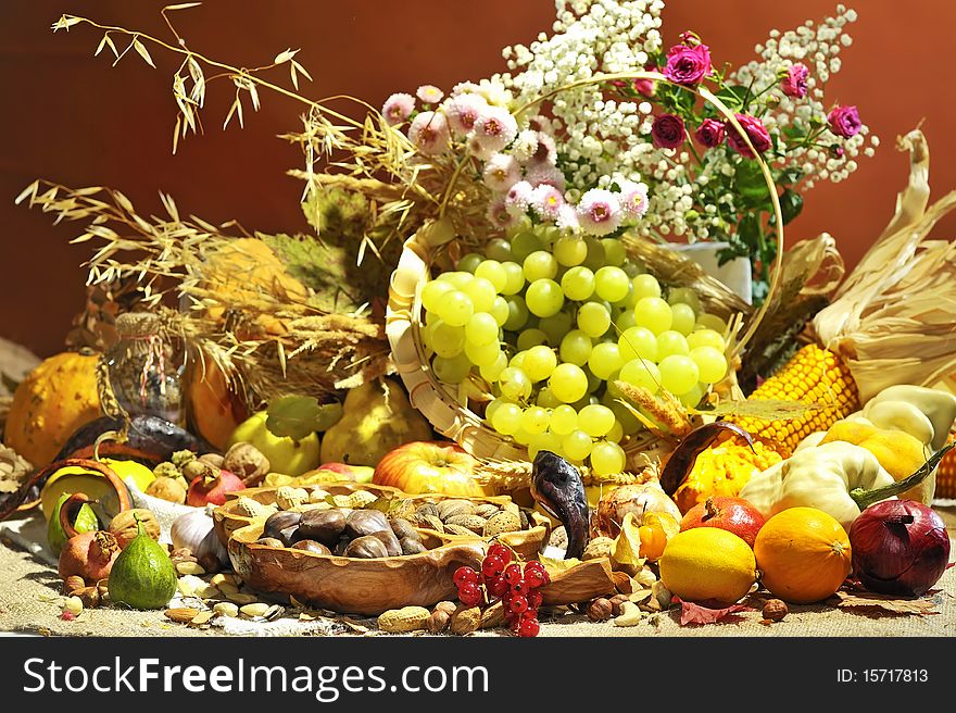 Fall arrangement with fruits and vegetables in studio