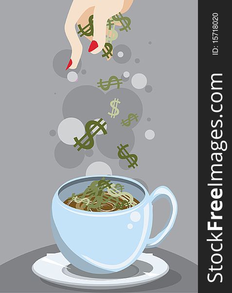 Image of coffee cup is put topping money. Image of coffee cup is put topping money
