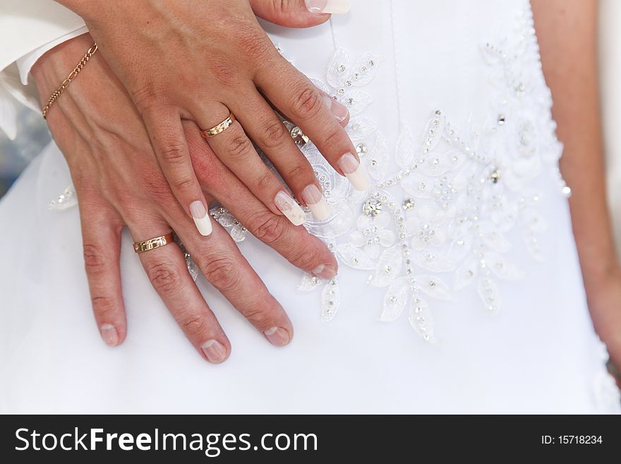 Bride and groom holding their hands with wedding rings together