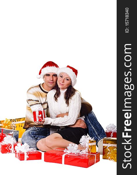 Christmas couple with gift boxes
