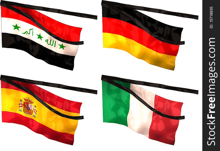 Four Mourning flags of 4 different states isolated on white background. flags are from Iraq, Germany, Spain and Italy. Every flag has 2 black ribbons.