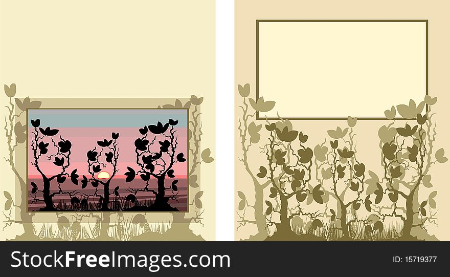 Set of postcards with plant elements, and landscape. Set of postcards with plant elements, and landscape