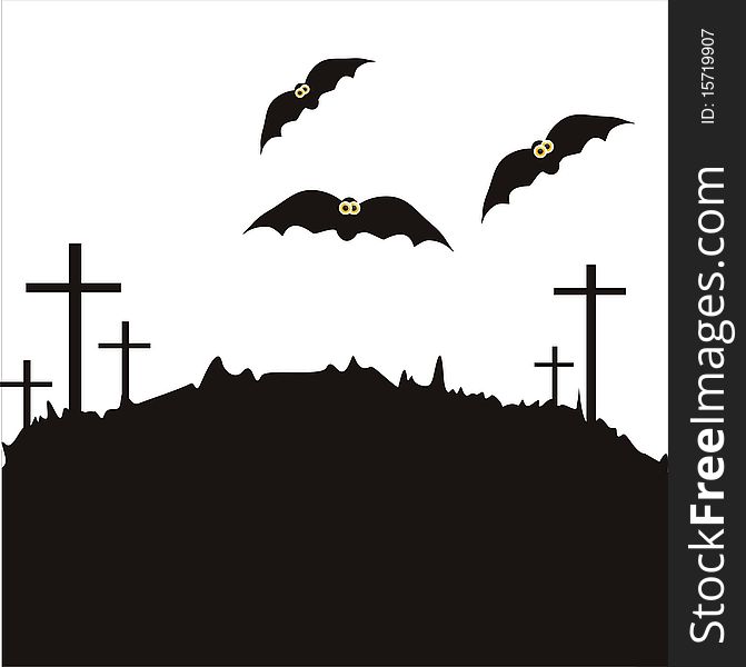 Halloween landscape silhouette with bats