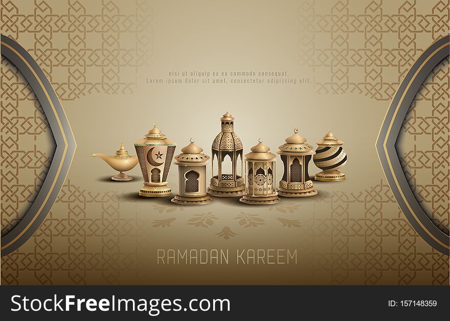 Islamic Greetings Ramadan Kareem Card Design Background With Beautiful Golden Lanterns