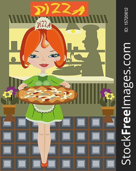 Redhead girl with pizza in the cafe.