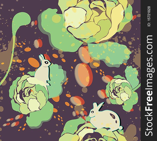 Illustration with rabbits and cabbage. Beautiful seamless pattern