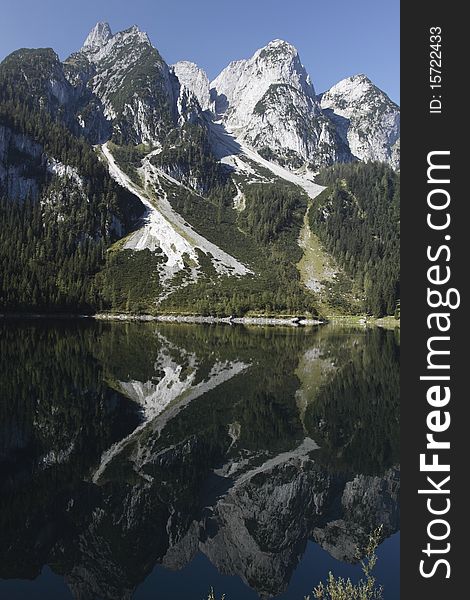 The mirroring peaks of dachstein glacier in the lake Gosau, which is a small lake in Salzamergut region, near village of Gosau. The mirroring peaks of dachstein glacier in the lake Gosau, which is a small lake in Salzamergut region, near village of Gosau.