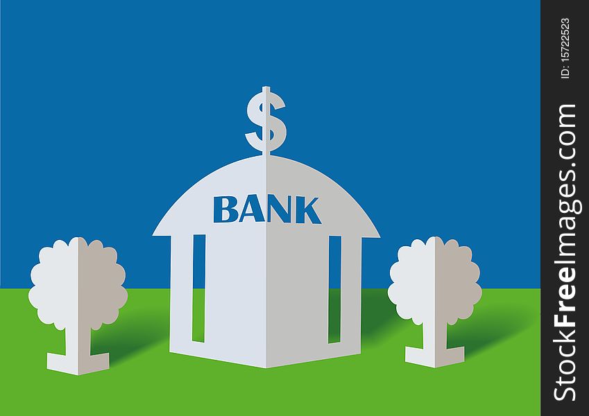 Bank and dollar on a blue background