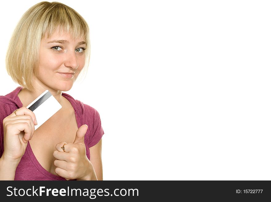 Portrait of a beautiful woman holding a blank credit card on white background. Thumb up. Portrait of a beautiful woman holding a blank credit card on white background. Thumb up