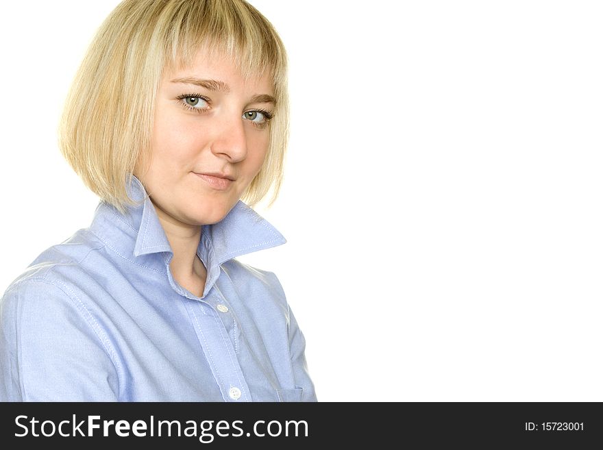 Young businesswoman on a white background. Specify finger. Young businesswoman on a white background. Specify finger