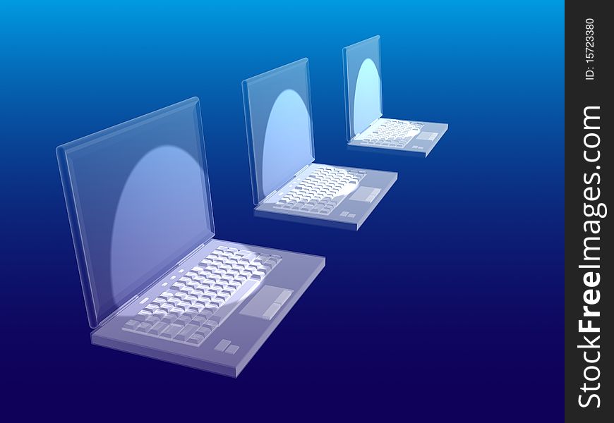 Three-dimensional computer with a blue screen on a blue background