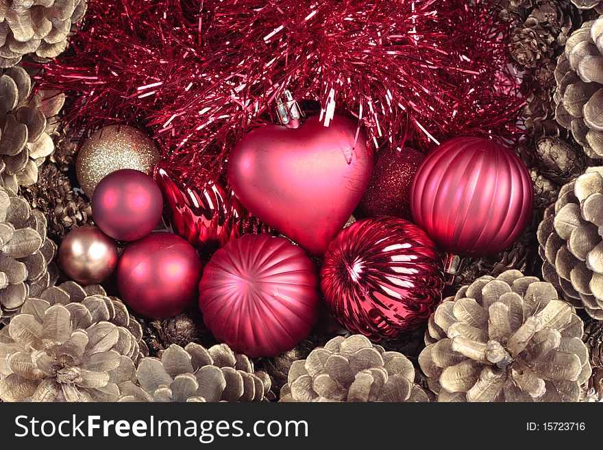 Christmas decorations and pinecones detail. Christmas decorations and pinecones detail