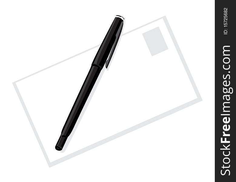 The black handle lays on a sheet of paper. A  illustration. The black handle lays on a sheet of paper. A  illustration