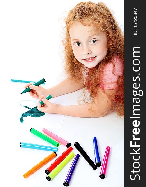 Portrait of a happy girl with felt pens. Isolated over white background. Portrait of a happy girl with felt pens. Isolated over white background.