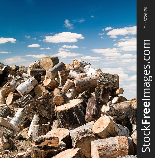 Wood harvested for firing against the blue sky