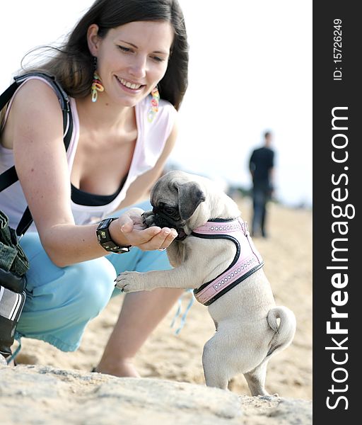 Woman feeding her dog on beach. Woman feeding her dog on beach