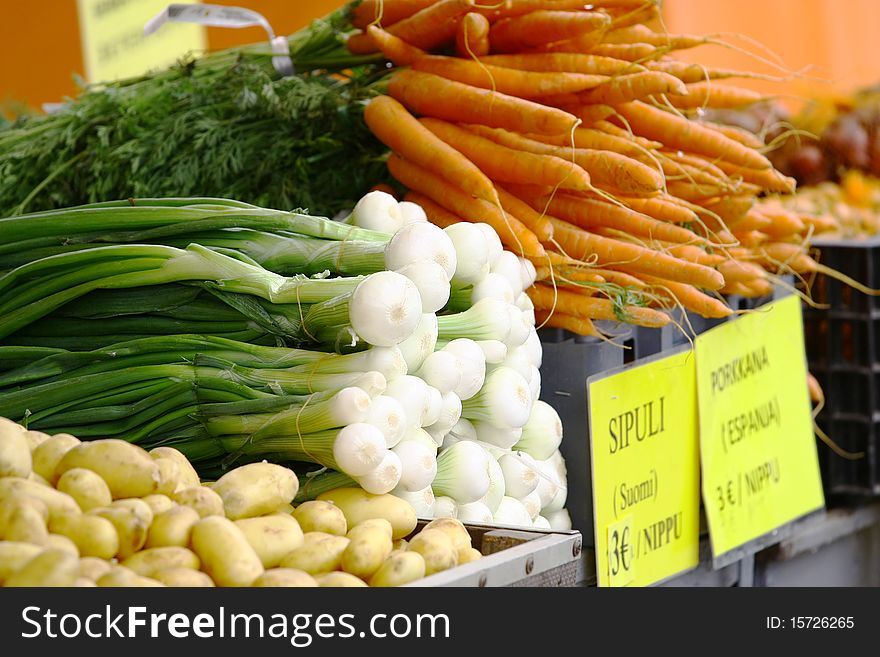 Farmer's Market - Vegetables - potatoes, onions, carrots. Farmer's Market - Vegetables - potatoes, onions, carrots