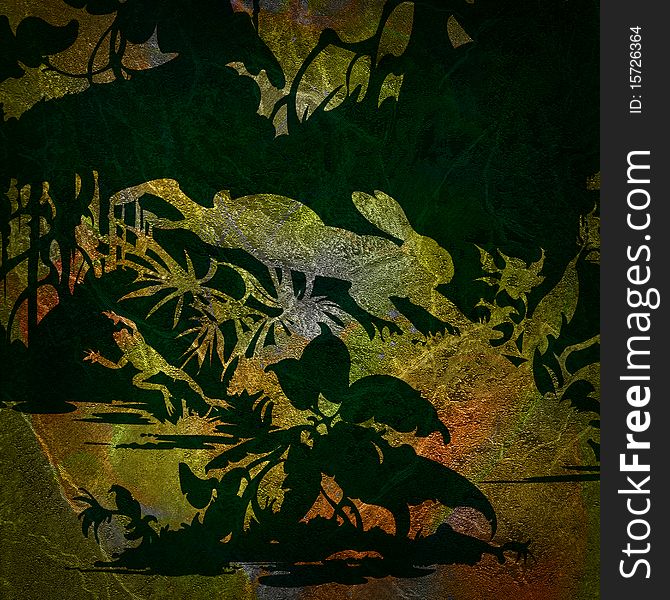 Silhouette of a rabbit and a frog on a background of colored grunge. Silhouette of a rabbit and a frog on a background of colored grunge