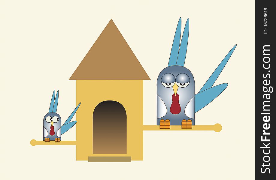 A Hand drawn Illustration of two blue colored stylized birds with blue head and tail feathers, perched either side of a bird house, set on a plain cream background.