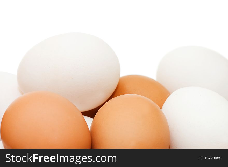 Chicken eggs on a white background close up