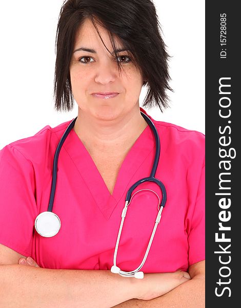 Attractive forty year old over weight nurse in pink scrubs with Stethoscope over white background. Attractive forty year old over weight nurse in pink scrubs with Stethoscope over white background.