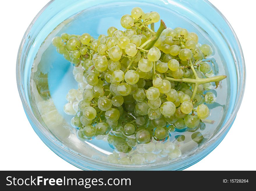 Seedless grapes transparent bowl with water on a white background. Seedless grapes transparent bowl with water on a white background