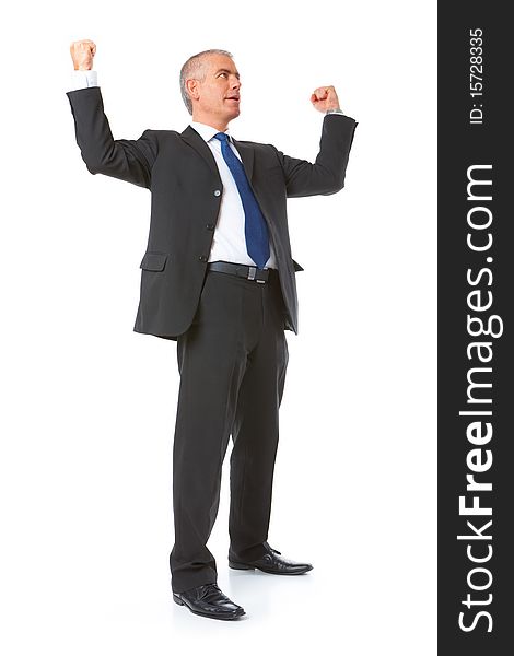 Happy businessman with hands up showing success in business. Isolated on white background. Happy businessman with hands up showing success in business. Isolated on white background.