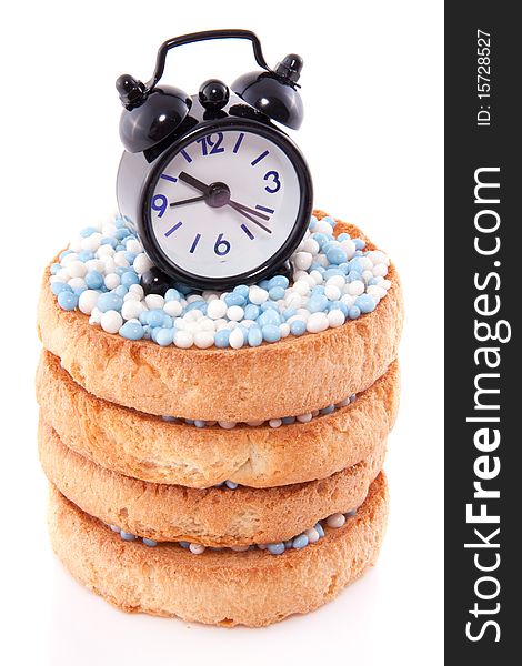 Dutch bicuits with blue white rusk and the time when the baby was born  isolated over white