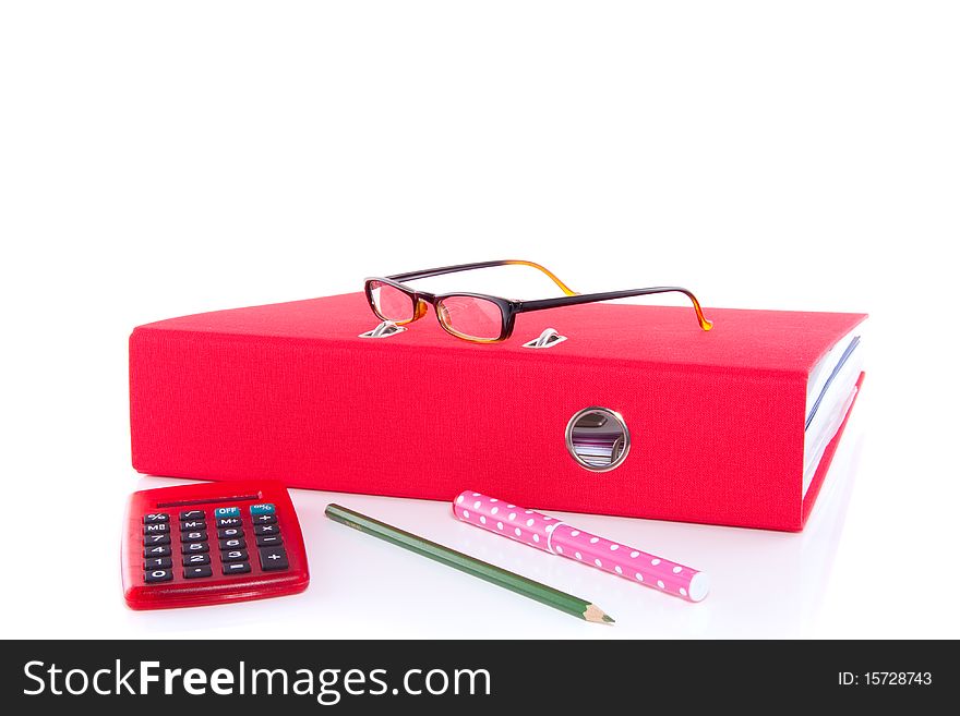 Office supplies for book keeping or study isolated over white
