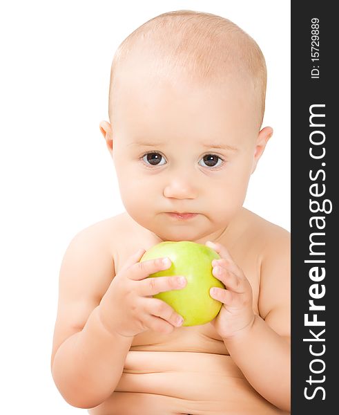 Lovely baby girl with green apple