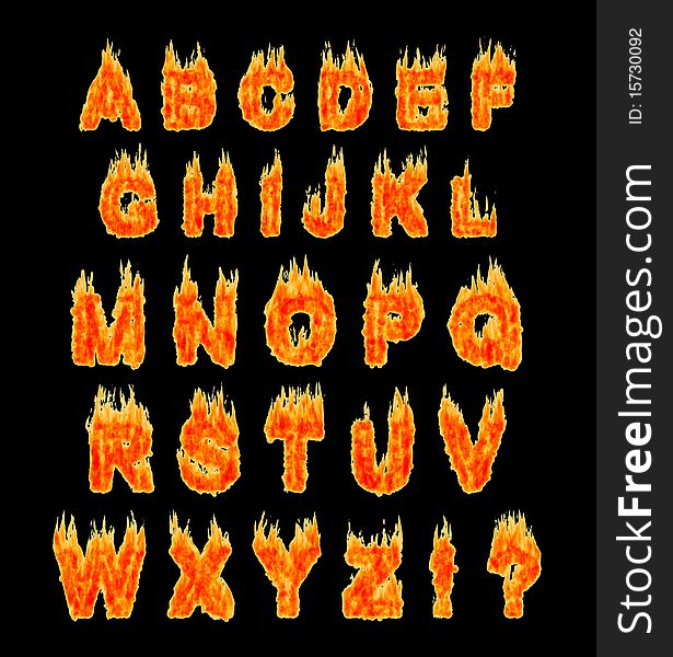 Burning alphabet letters illustration isolated on black background