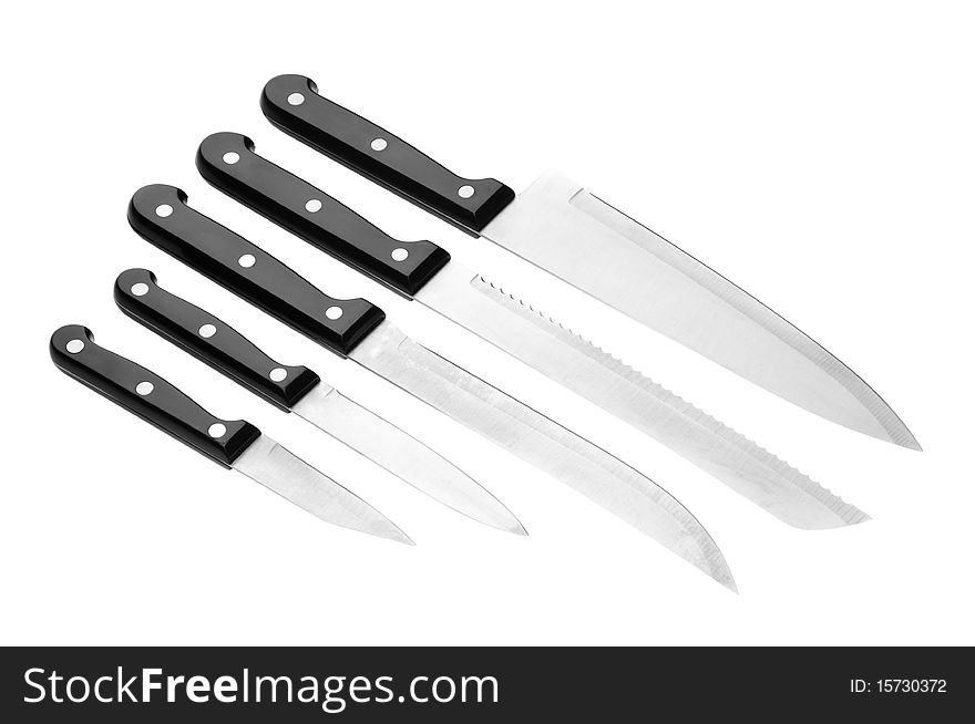 Set of 5 knives on a white background