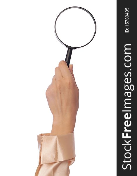 The worker searches for the necessary document by means of magnifying glass