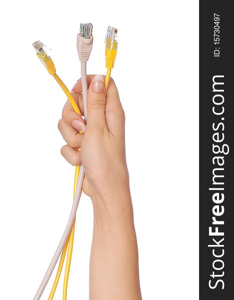 Woman holding power LAN cords in the hand