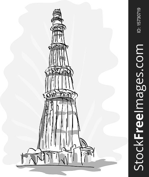 Hand drawn illustration of the Qutub Minara tower in Delhi, India is the world's tallest brick minaret. it is notable for being one of the earliest and most prominent examples of Indo-Islamic architecture. Hand drawn illustration of the Qutub Minara tower in Delhi, India is the world's tallest brick minaret. it is notable for being one of the earliest and most prominent examples of Indo-Islamic architecture.