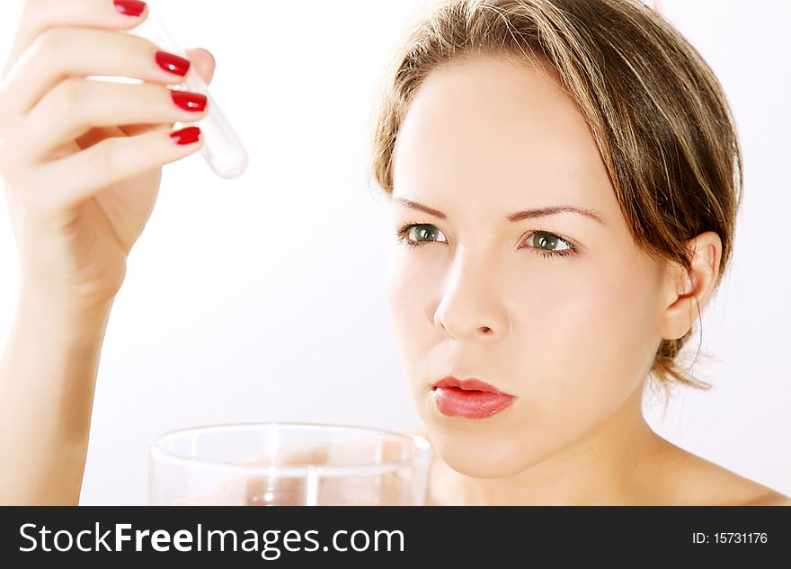 Doctor reviewing laboratory samples, Woman on white background