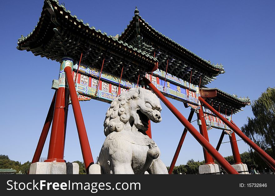 Chinese Building Architecture With Lion Statue