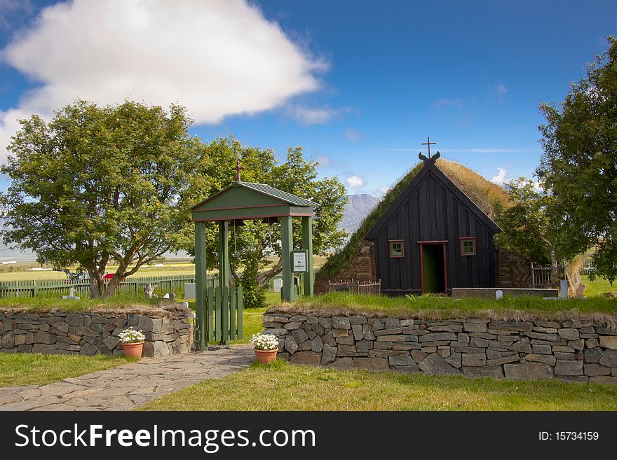 Front of old wooden church at Vidimyri in Iceland