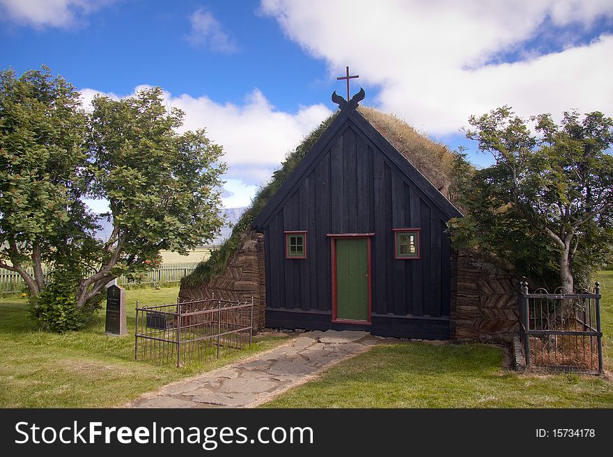 Old wooden church in Iceland at Vidimyri.