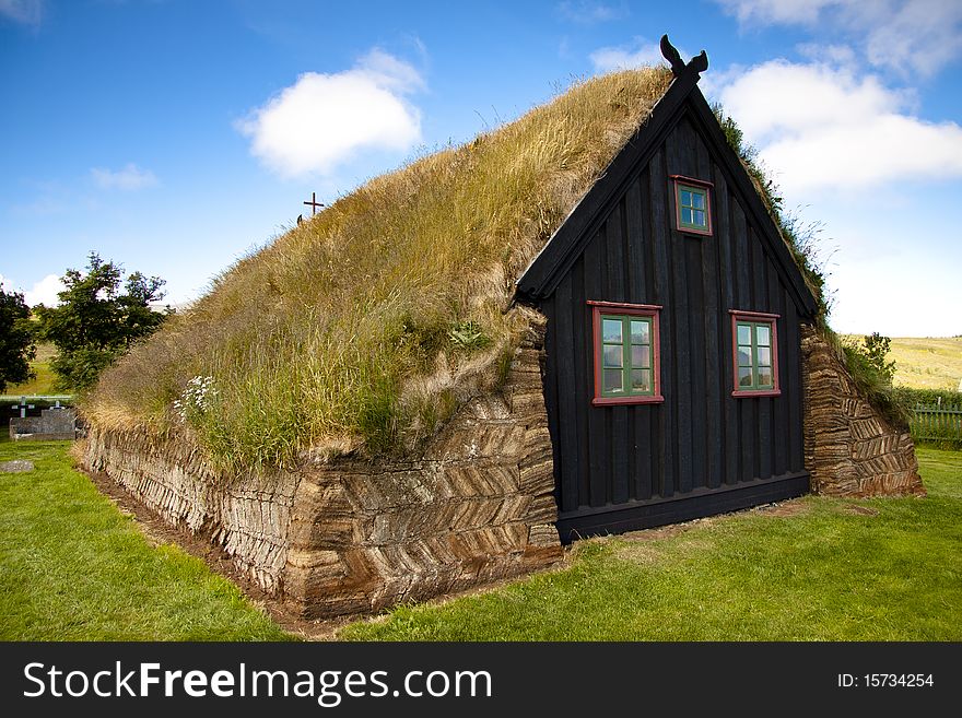 Old wooden church at Vidimyri. Iceland summer sunny day. Old wooden church at Vidimyri. Iceland summer sunny day.