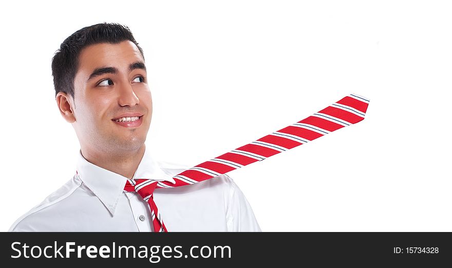 Young happy businessman, isolated on white