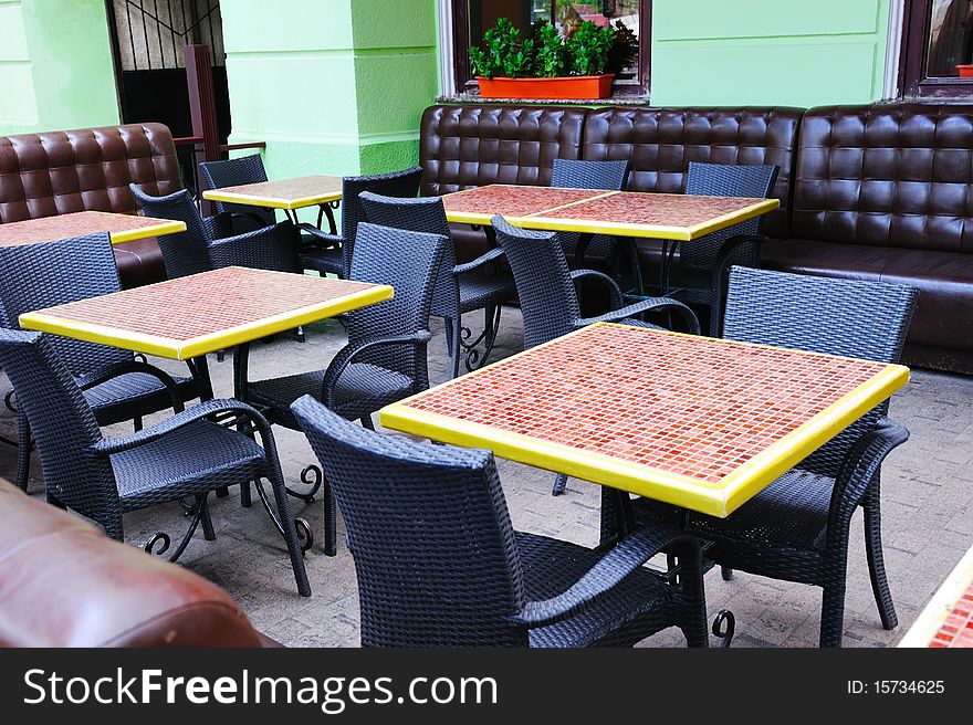 Interior of a summer open-air cafe. Interior of a summer open-air cafe