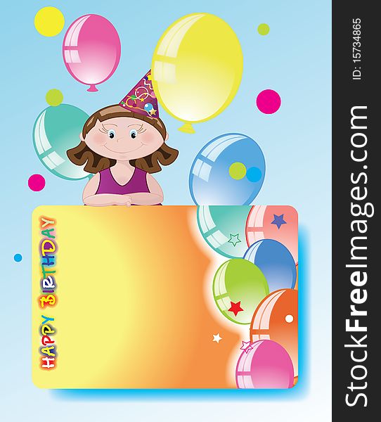 Card with the image of girls, balls and place for congratulations. Card with the image of girls, balls and place for congratulations